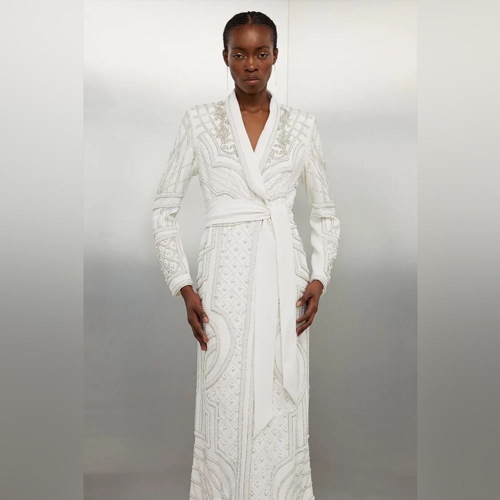 Karen Millen Pearl Embellished Woven Ivory Maxi Blazer Dress (NWT) - Picture 2 of 9